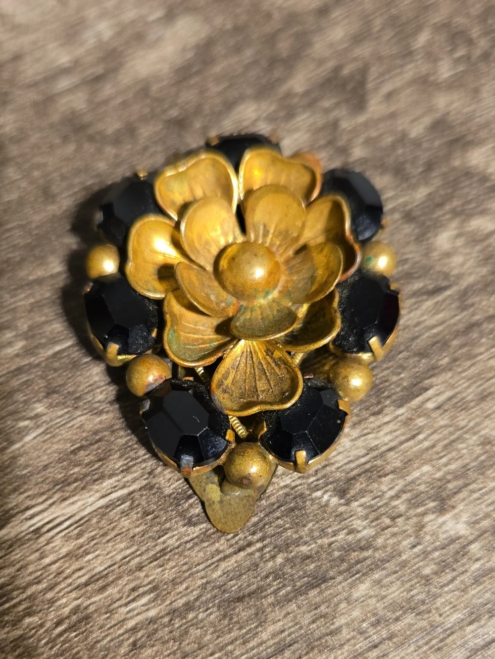 Vintage Mid-Century Brass & Jet Black Rhinestone Dress Clip 1.75